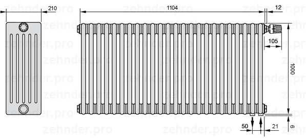 Схема (чертеж) Радиатор Zehnder Charleston 6100/24 №V002 Белый глянцевый RAL 9016
